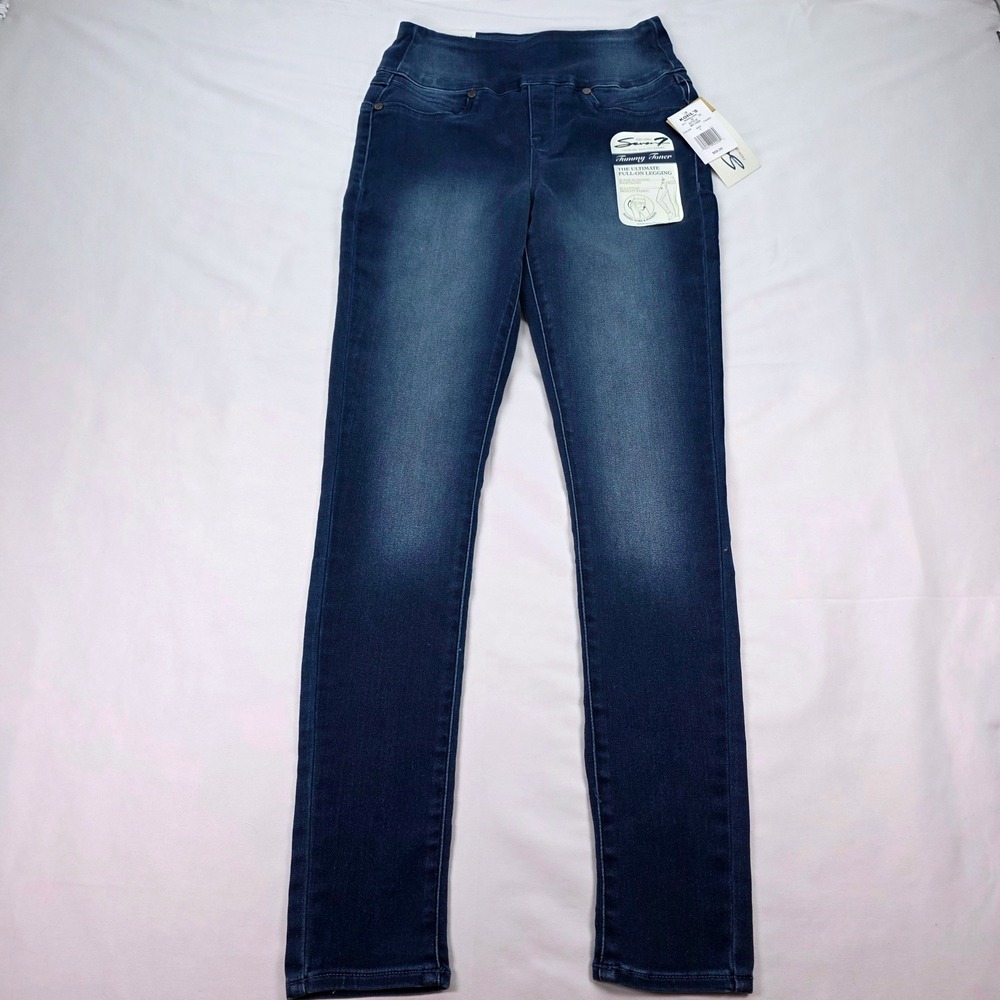New Seven7 Tummy Toner Ultra High Rise Pull On Leggings Faded Dark Wash Size 4